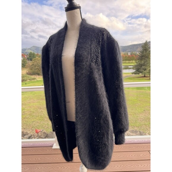 Vtg Lee Sands Fluffy Angora Fur Rabbit Hair Beaded Open Sweater Coat OS - Picture 1 of 7